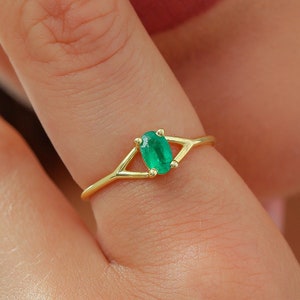 Oval Cut 6x4mm Genuine Emerald May Birthstone Ring, Prong Setting Solitaire Bridesmaid Proposal Ring, 10k 14k 18k Gold Ring, Emerald Jewelry image 2