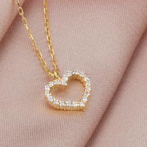 14k 18k 10k Solid Gold CZ Heart Love Necklace, Cubic Zirconia Heart Necklace, Dainty Valentines Day Gift for Her, Christmas Gift for Mom