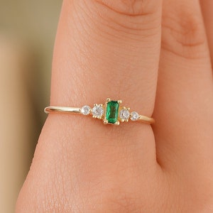 Baguette Natural Emerald Engagement Ring, Green Emerald Gemstone Wedding Ring, Mothers Day Gift for Mom, Emerald May Birthstone Jewelry image 2