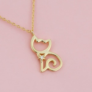 Minimalist Cat Necklace Pendant, 14k Solid Gold CZ Necklace, Tiny Kitty Charm Necklace is a Great Gift for Cat Lovers, Christmas Gift