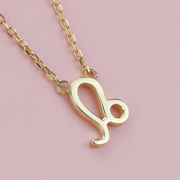 14k Solid Gold Leo Zodiac Pendant Necklace, Initial Zodiac Sign Necklace, Star Sign Astrology Jewelry Celestial Necklace Gift for Mom