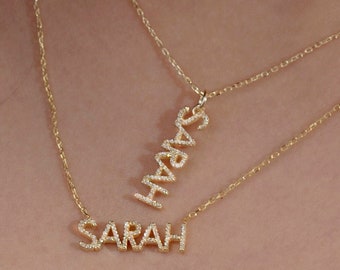 Custom Pave Stone Name Necklace with Genuine Diamond, 14k 18k 10k Solid Gold Name Necklace, Anniversary Gift for Women, Name Jewelry