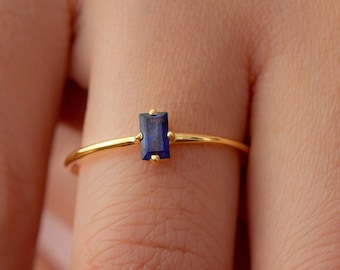 14k 18k 10k Gold Natural Blue Sapphire Baguette Solitaire Ring, September Birthstone Ring, Sapphire Gemstone Jewelry