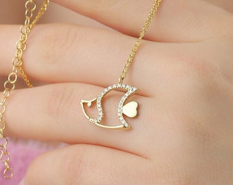 14k 18k 10k Solid Gold Angel Fish Necklace Pendant, Genuine Diamond Charm Necklace, Fish Jewelry Animal Necklace is a Birthday Gift for Mom