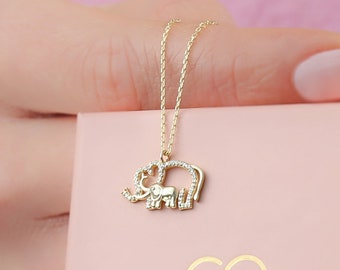14k Solid Gold Diamond New Mom Baby Elephant Necklace Pendant, Dainty Necklace for New Mom Jewelry, Mom Necklace Great Gift for New Mom