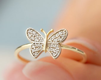 14k 18k 10k Dainty Gold CZ Butterfly Ring, Statement Women Ring 
