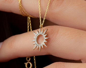 Gold Diamond Sunshine Pendant Necklace, 10k 14k 18k Solid Gold Sun Necklace, Graduation Gift for Best Friend, Celestial Jewelry