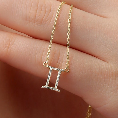 14k Solid Gold Gemini Zodiac Pendant Necklace Initial Zodiac Etsy