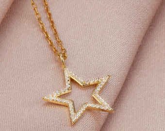 Open Star Diamond Necklace, 10k 14k 18k Gold Diamond Star Necklace Pendant, Celestial Star Jewelry Star Charm Necklace Birthday Gift for Her