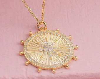 Gold Diamond Sunburst Medallion Necklace, Dainty Sunshine Necklace for Women, Christmas Gift for Her, Celestial Necklace Jewelry