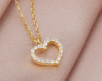 14K Solid Gold Diamond Heart Necklace, Genuine Natural Diamond Heart Necklace, High Quality Diamond Open Heart Necklace, Gift for Mom