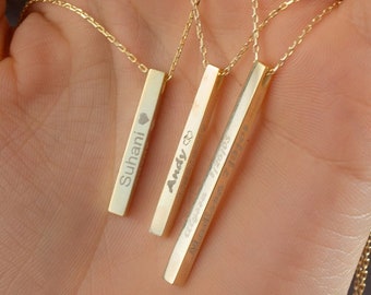 18k Solid Gold Engraved Custom 3D Long Vertical Bar Necklace, Dainty Personalized Name Necklace Gift for Mom, Valentines Day Gift for Her