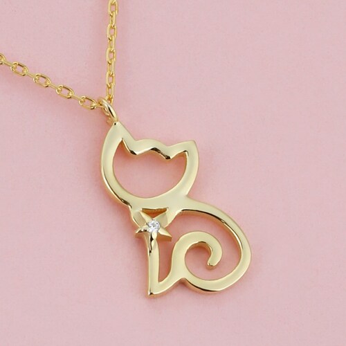 Dainty Gold Cat Necklace 14K Solid Gold Cat Pendant Etsy
