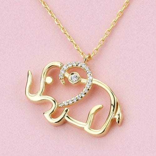 14k 18k 10k Solid Gold Diamond Elephant Necklace Pendant Etsy