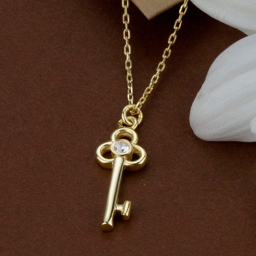 14K Solid Gold Key Pendant Necklacexs Size detailed Real Etsy