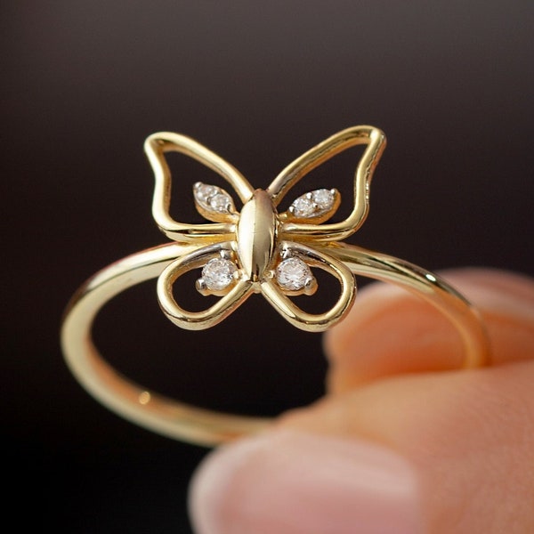 14k 18k 10k Gold Diamond Butterfly Ring, Minimalist Ring Friendship Gift for Her, Delicate Stackable Ring for Women