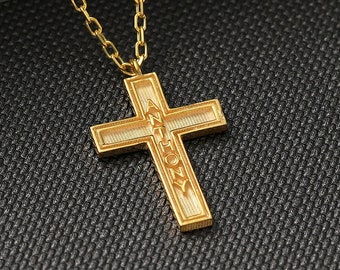 Gold Personalized Name Cross Necklace, Custom Name Cross Pendant, 10k 14k 18k Solid Gold Cross Necklace, Christian Bible Baptism Gift