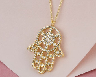 Gold Diamond Evil Eye Pendant Necklace, 14k 18k 10k Solid Gold Hamsa Hand Protection Necklace, Good Luck Jewelry, Christmas Gift for Mom