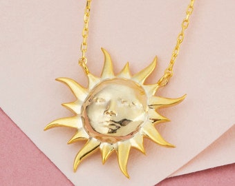 14k 18k 10k Solid Gold Minimal Sun Face Charm Necklace, Solar Celestial Necklace, Birthday Gift for Her, Sun Jewelry