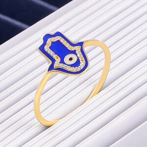 Gold Hamsa Hand Ring with Blue Enamel and CZ Accents, Delicate Hamsa Jewelry, Stacking Ring for Women, Unique Dainty Gold Ring