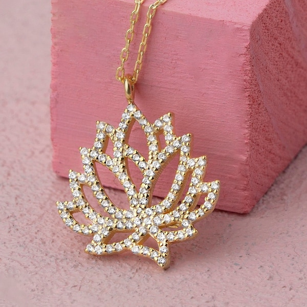 Gold Diamond Lotus Flower Bridal Pendant Necklace, Dainty Wedding Floral Charm Necklace, Lotus Flower Jewelry, 14k 18k 10k Gold Necklace