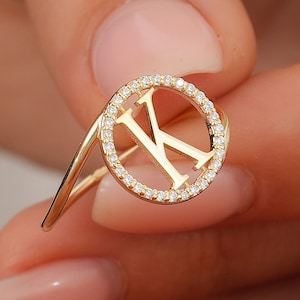 Gold Letter Ring, Dainty Personalized Initial Ring, Custom Alphabet Ring, 14k Solid Gold CZ Name Ring Jewelry