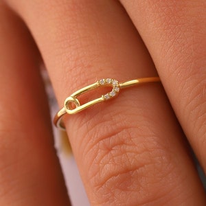 Dainty Gold CZ Safety Pin Ring, Minimalist Fashion Statement Ring for Women, Yellow Rose White Gold Ring, Mothers Day Gift for Mom