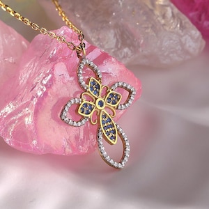 Gold CZ Sapphire Cross Necklace, Dainty Gold Cross Pendant for Women, Mother&#39;s Day Gift for Mom, Religious Birthday Gift for Her