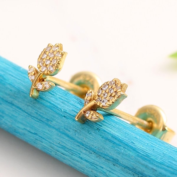 Tulip Stud Earrings, Dainty Diamond Stud Earrings, 14k Gold Floral Earrings, Cute Gold Tulip Flower Earrings