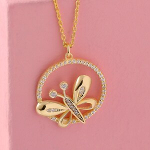 Gold CZ Butterfly Bridal Wedding Necklace, Dainty Gold Butterfly Pendant Necklace, Delicate Butterfly Necklace Jewelry