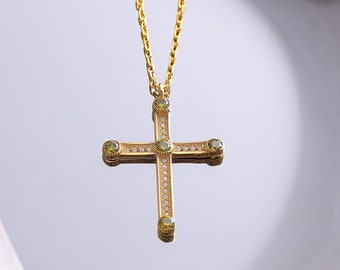 Diamond and Peridot Cross Pendant Necklace, 10k 14k 18k Gold Diamond Cross Necklace, Christian Religious Necklace for Women, Baptism Gift