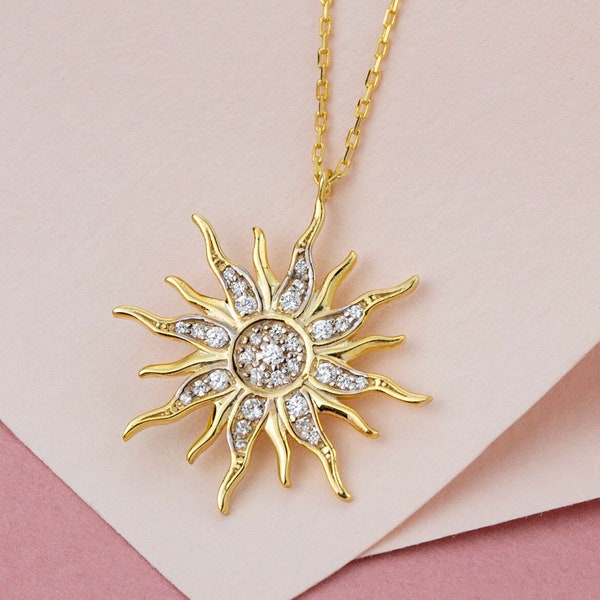 14k 18k 10k Solid Gold Diamond Sun Necklace, Celestial Wedding Jewelry, Dainty Sunburst Necklace for Women, Christmas Gift for Mom