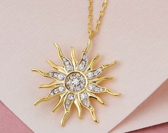 14k 18k 10k Solid Gold Diamond Sun Necklace, Celestial Wedding Jewelry, Dainty Sunburst Necklace for Women, Christmas Gift for Mom