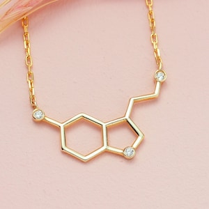 14k 18k Gold CZ Serotonin Molecule Necklace, Happiness Hormone Necklace, Molecule Jewelry Gift for Women, Doctor Necklace