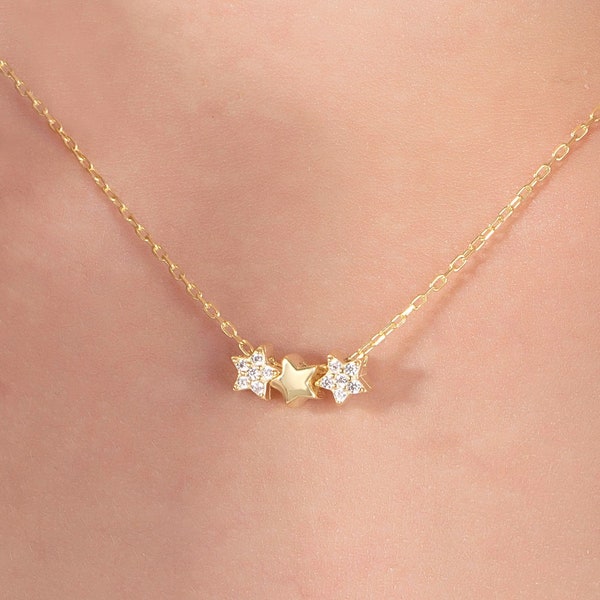 3 Stars 14k Solid Gold Diamond Necklace, Natural Diamond Star Necklace, Celestial Dainty Stars Necklace, 3 Stars Gold Necklace Gift for Mom