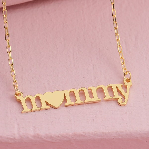 14k 18k Solid Gold Mommy Necklace Mothers Day Gift, Dainty Family Mom Necklace, Mommy Jewelry for Mom, New Mom Gift for Her