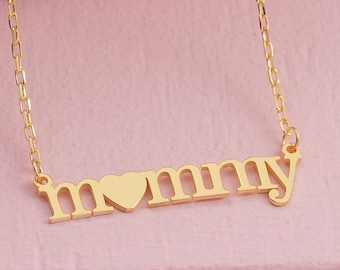 14k 18k Solid Gold Mommy Necklace Mothers Day Gift, Dainty Family Mom Necklace, Mommy Jewelry for Mom, New Mom Gift for Her