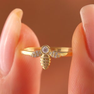 Gold CZ Honey Bee Stacking Ring, Gold Bumble Bee Lover Ring Gift, Nature Statement Ring for Women, Minimalist Bee Ring Jewelry