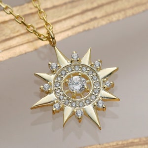 Gold CZ North Star Sunburst Charm Pendant Necklace, Celestial Necklace for Women, Christmas Gift for Her, Celestial Jewelry