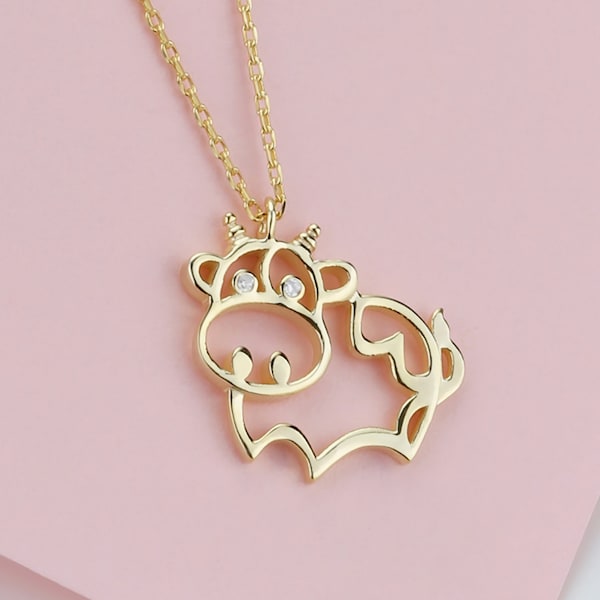 14k 18k Solid Gold Diamond Cow Necklace Pendant, Cattle Cow Jewelry Minimalist Cute Cow Charm Necklace, Farm Girl Animal Lover Gift for Her