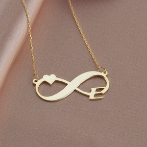 Collar con letra inicial de infinito y corazón, collar con letra hecha a mano en oro macizo de 14 k, 18 k y 10 k, collar de eternidad, regalo para la mejor amiga