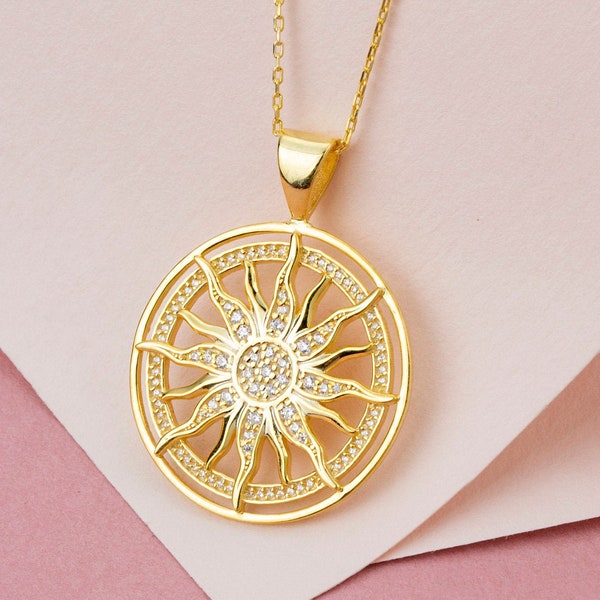 14k 18k 10k Gold Diamond Sun Medallion Necklace, You Are My Sunshine Necklace, Sunburst Necklace Celestial Jewelry, Valentines Day Gift