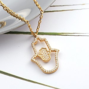 Gold CZ Hamsa Hand Protection Necklace for Her, Minimalist Dainty Gold Hamsa Hand Necklace, Good Luck Jewish Necklace, Everyday Jewelry