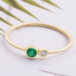 10k 14k 18k Gold Emerald Diamond May Birthstone Ring, Minimalist Gemstone Statement Ring, Special Anniversary Gift for Wife, Emerald Jewelry image 1