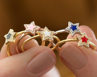 10k 14k 18k Gold Diamond Enamel Star Ring, Real Diamond Stacking Ring, Unique Dainty Gold Jewelry, Celestial Stackable Ring Christmas Gift