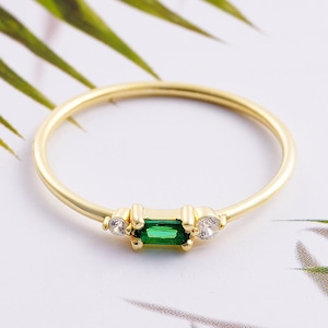 Minimalist Emerald Dainty Baguette CZ Stackable Ring, Simple Delicate Promise Ring for Her, Green Emerald May Birthstone Stacking Ring