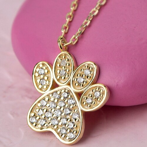 14k Solid Gold Diamond Dog Paw Charm Pendant Necklace Pet Paw Etsy