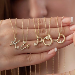 Collier lettre initiale CZ en or massif 14 carats, collier personnalisé personnalisé en or délicat, bijoux lettre en or, cadeau d'anniversaire charme lettre