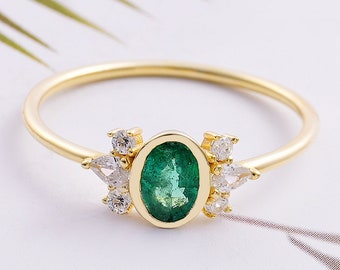 Gold Diamond Genuine Emerald Dainty Stackable Ring, Gemstone Jewelry Gift for Her, Pear Shape Diamond Cluster Ring, Promise Ring for Women