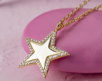 Dainty Gold Diamond Star Necklace, 10k 14k 18k Gold Celestial Pendant Necklace, Birthday Jewelry Gifts for Women, Christmas Gift for Wife